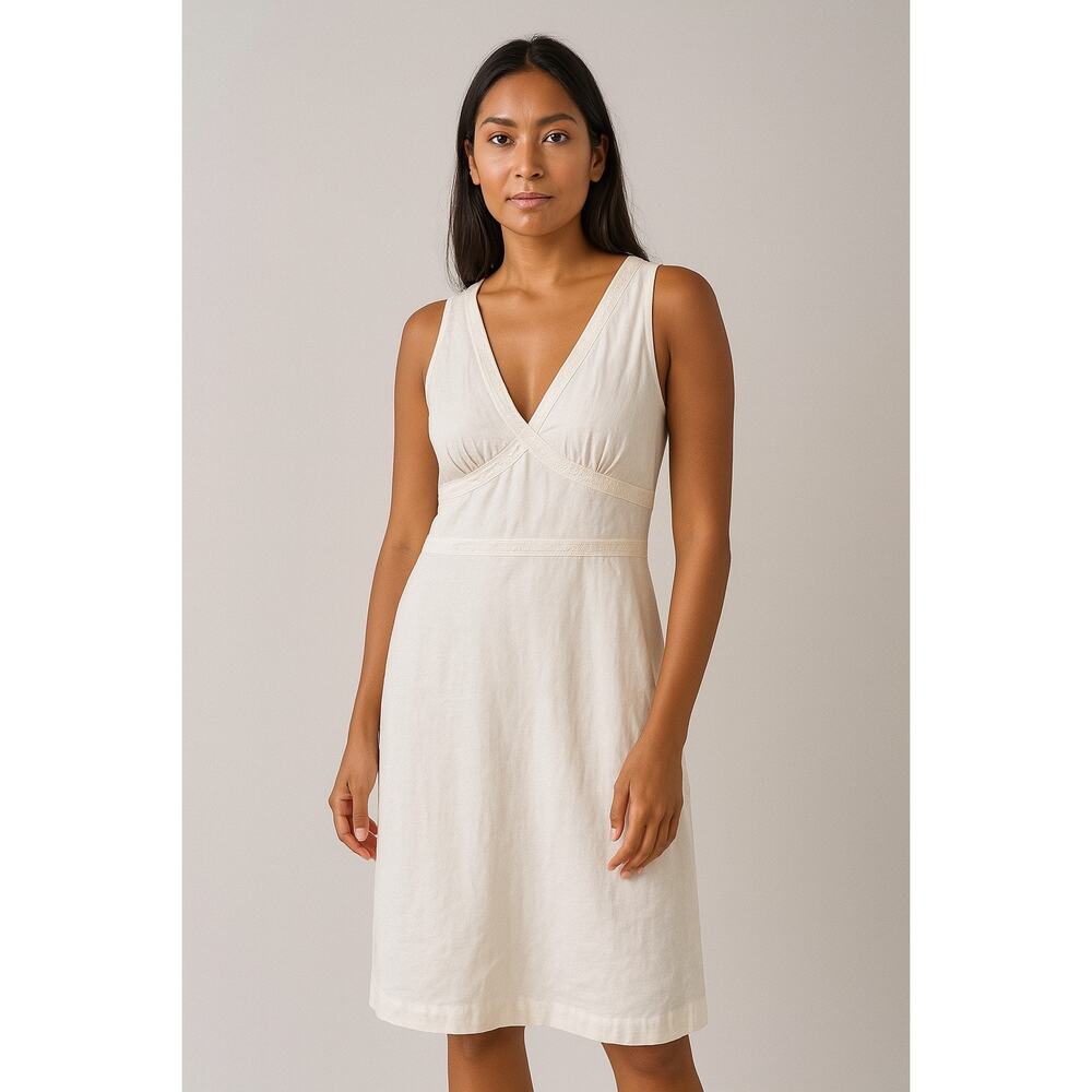 Y2K Banana Republic White Stretch Linen Lace Trim VNeck Coquette Dress Size 8